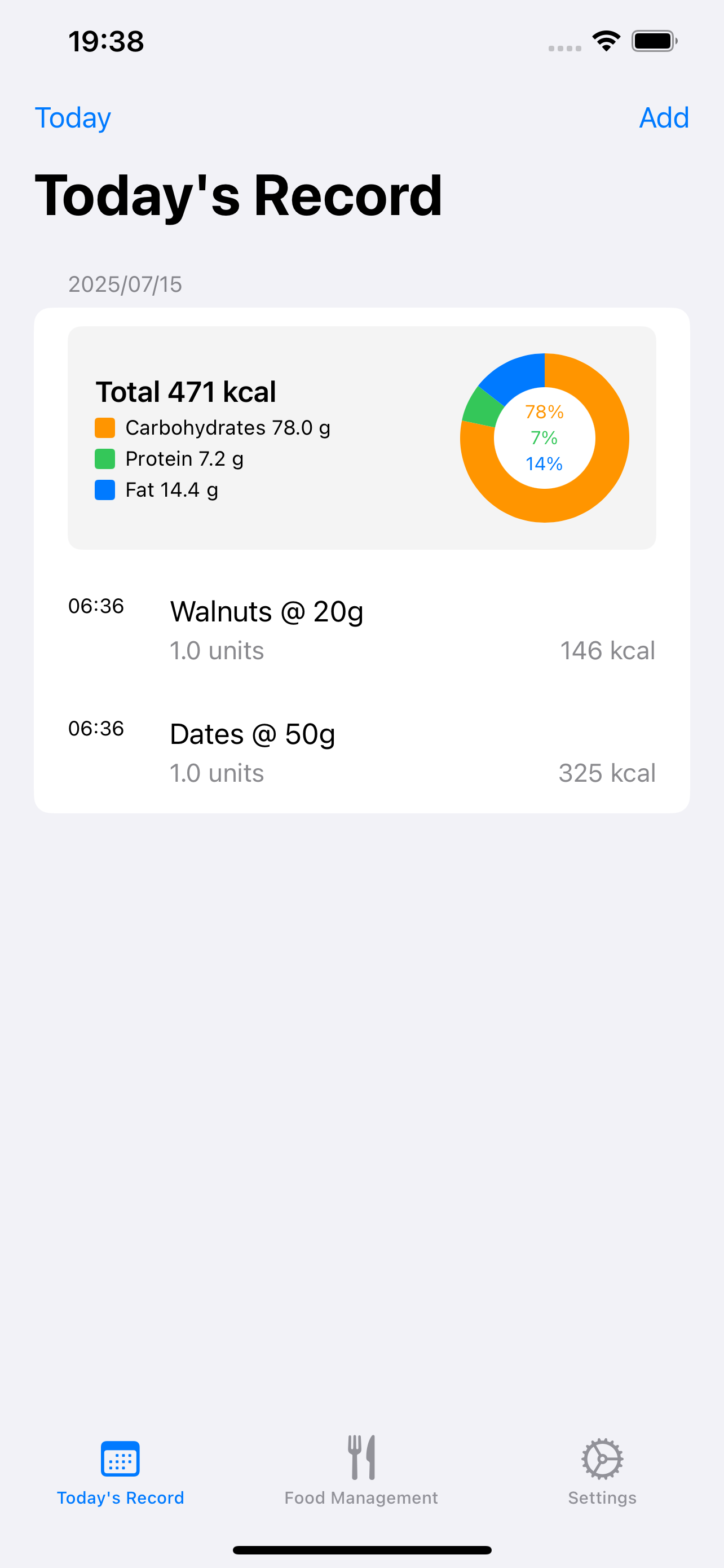 CaloryLog Main Screen
